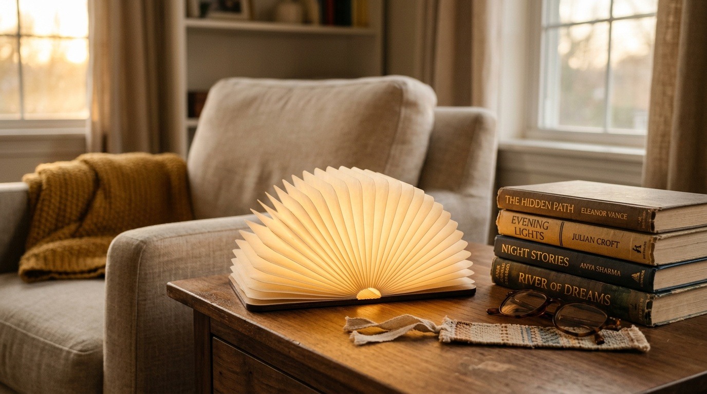 Warm foldable book lamp glowing on a bedside table beside a stack of hardcover books
